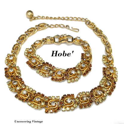 Hobe' Topaz Lt. Green Clear Rhinestone Necklace Bracelet Set, Gold Plated, 1960s Vintage Jewelry