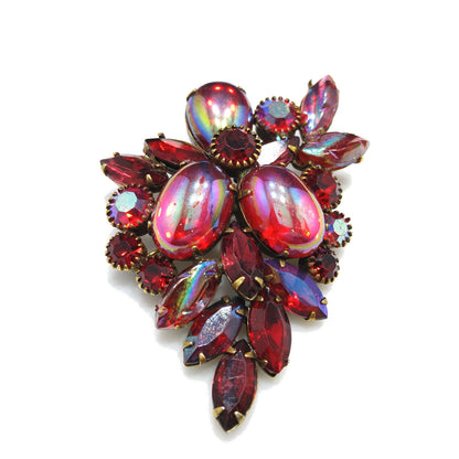 Kramer Red Iridescent Rhinestone Brooch, Aurora Borealis Rhinestones, 1960s Vintage Jewelry
