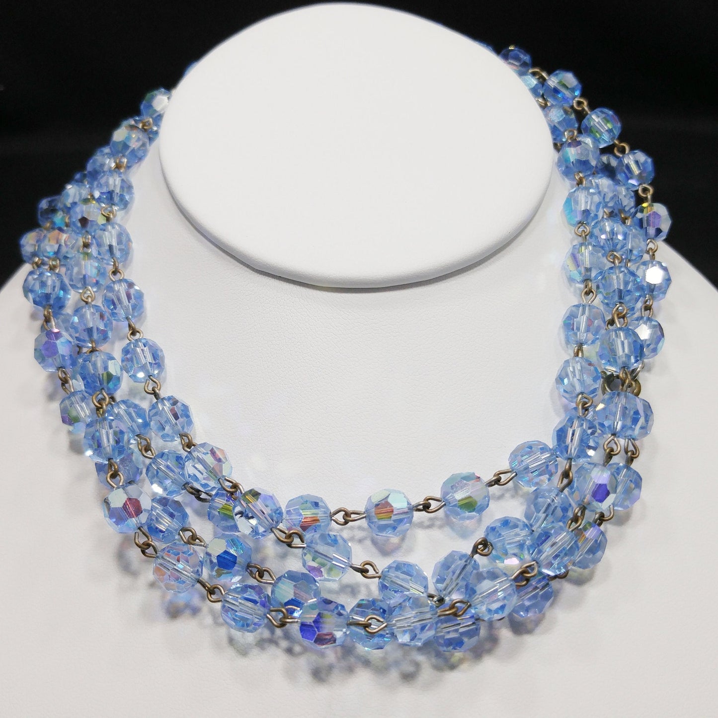 Blue Austrian Crystal Beaded Necklace, Long Rosary Style, 1960s Vintage Jewelry