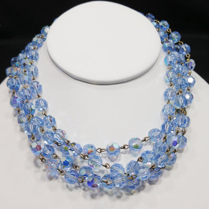 Blue Austrian Crystal Beaded Necklace, Long Rosary Style, 1960s Vintage Jewelry