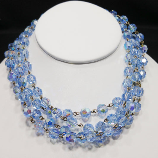 Blue Austrian Crystal Beaded Necklace, Long Rosary Style, 1960s Vintage Jewelry