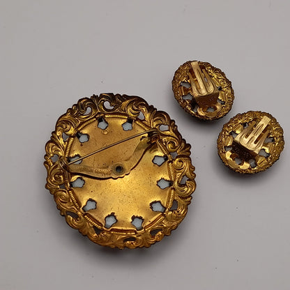 Vintage 1950s Western Germany Porcelain Cameo Brooch Earrings Set Gold Tone