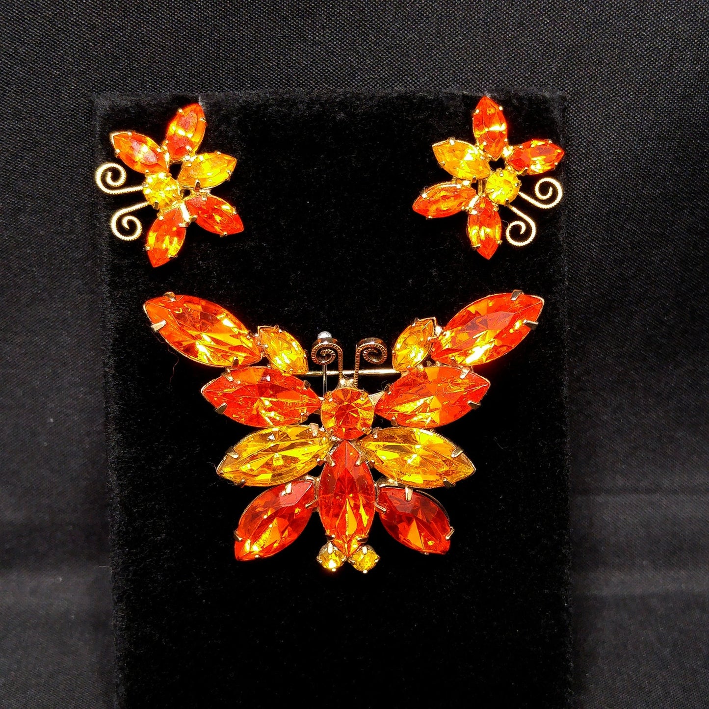 Orange & Topaz Rhinestone Butterfly Brooch Earrings Set, Gold Plating, 1960s