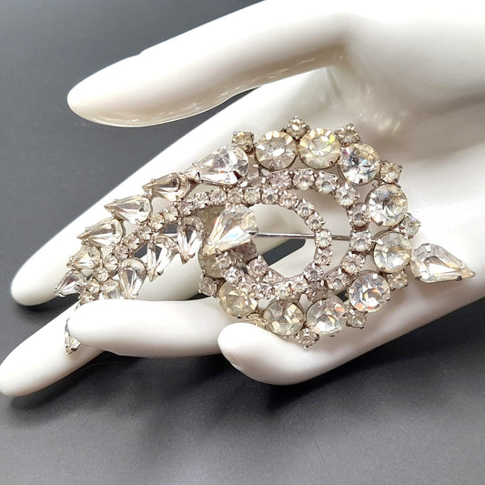 Mid-Century Clear Floral Spray Brooch, Rhodium Plated, Wedding Brooch, 1960s Vintage Jewelry
