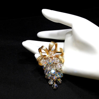 Crystal Beaded Grape Cluster Brooch, Gold Plated Bow, 1960s Vintage Jewelry
