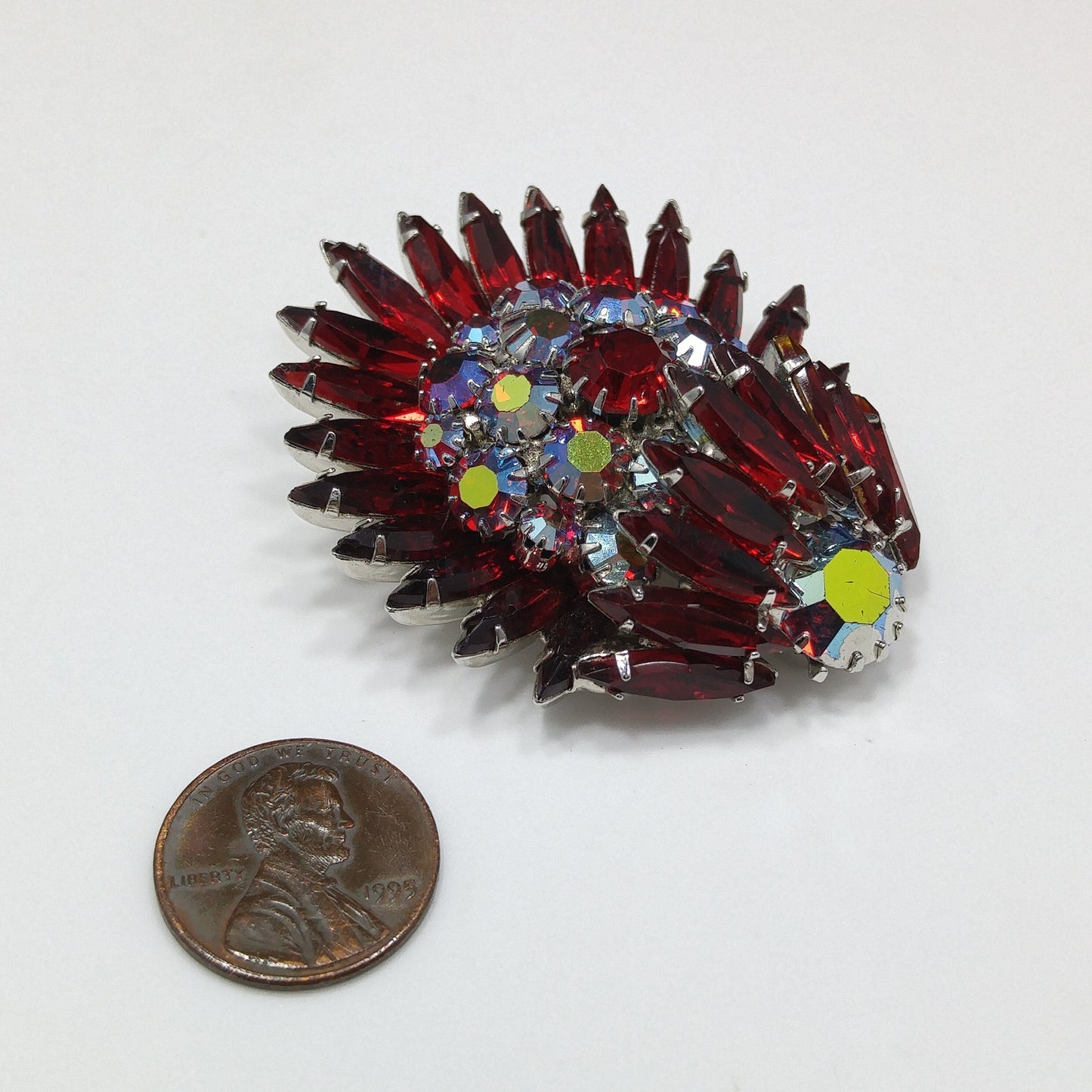 Ruby Red Rhinestone Navette Brooch, Unsigned Designer Beauty, Rhodium Plated, 1960s Vintage Jewelry