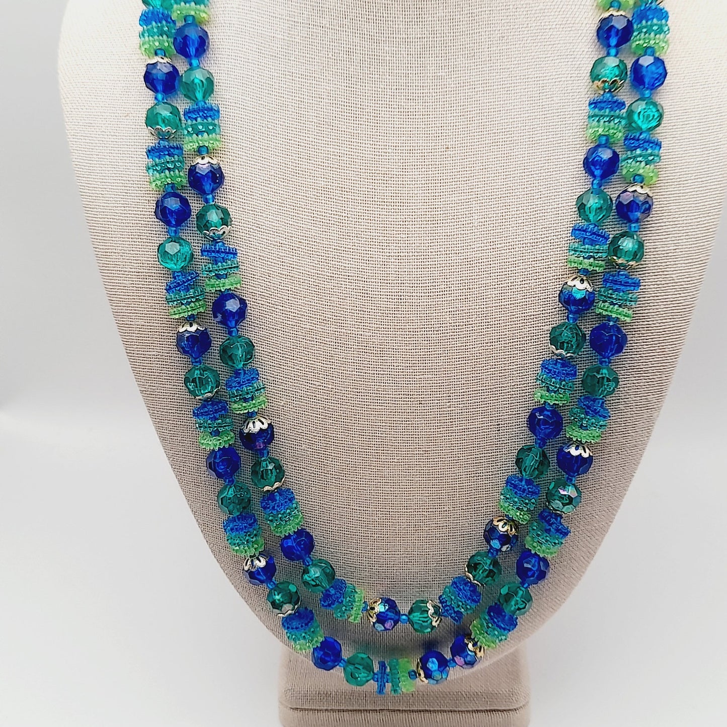 Vintage Hong Kong Early Plastic Two Strand Beaded Necklace, Green Blue Beads