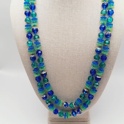 Vintage Hong Kong Early Plastic Two Strand Beaded Necklace, Green Blue Beads