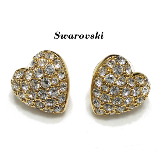 Vintage Swarovski Swan Logo Heart Earrings Clear Pave Rhinestones Gold 1980s