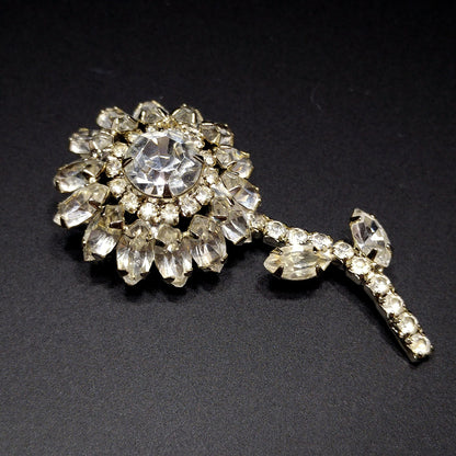 Clear Rhinestone Flower Brooch, Rhodium Plated, 1960s Vintage Jewelry