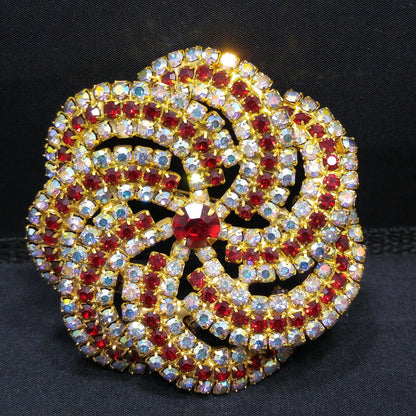 Vintage Pinwheel Rhinestones Brooch, AB Clear Red Rhinestones, Gold Plated, 1960s