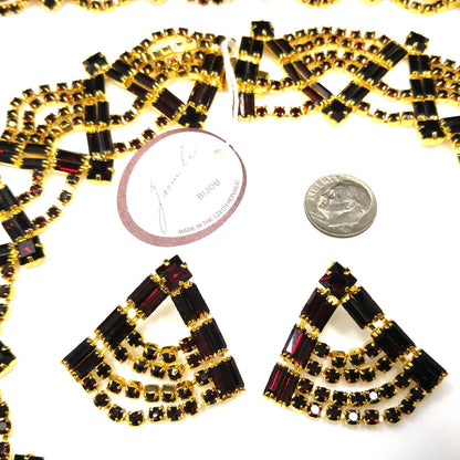 Czech Republic Garnet Red Rhinestone Necklace Bracelet Earrings, Gold Plated, 1990s Vintage Jewelry