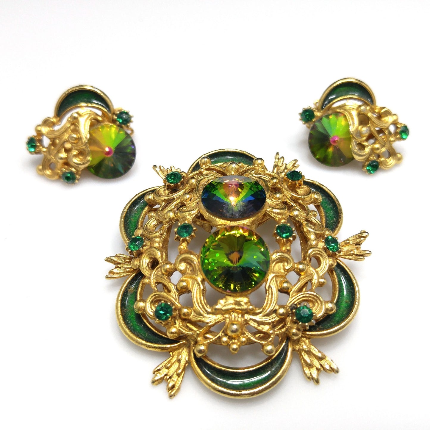 Watermelon Rivoli Rhinestone Brooch & Earrings, Gold Plated, 1960s Vintage Jewelry