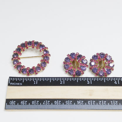 Weiss Pink and Lavender Rhinestone Wreath Brooch and Earrings Set – 1950s Gold Plated