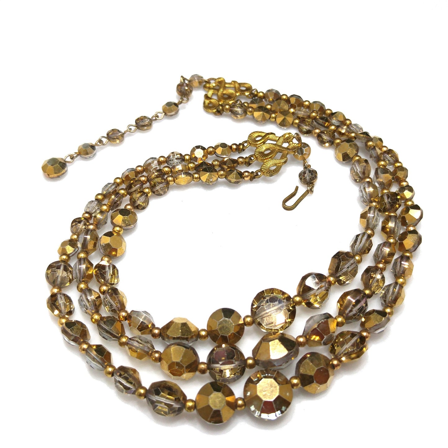 Mid-Century Gold Aspirin Crystal Bead Necklace, Three Strands, 1960s Vintage Jewelry
