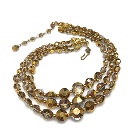 Mid-Century Gold Aspirin Crystal Bead Necklace, Three Strands, 1960s Vintage Jewelry