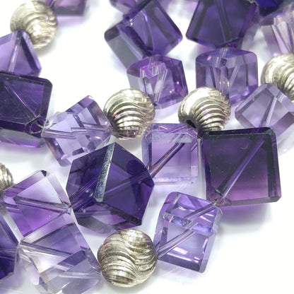 Vintage Amethyst Cube Bead Necklace – Light & Dark Purple Gemstones – 1990s