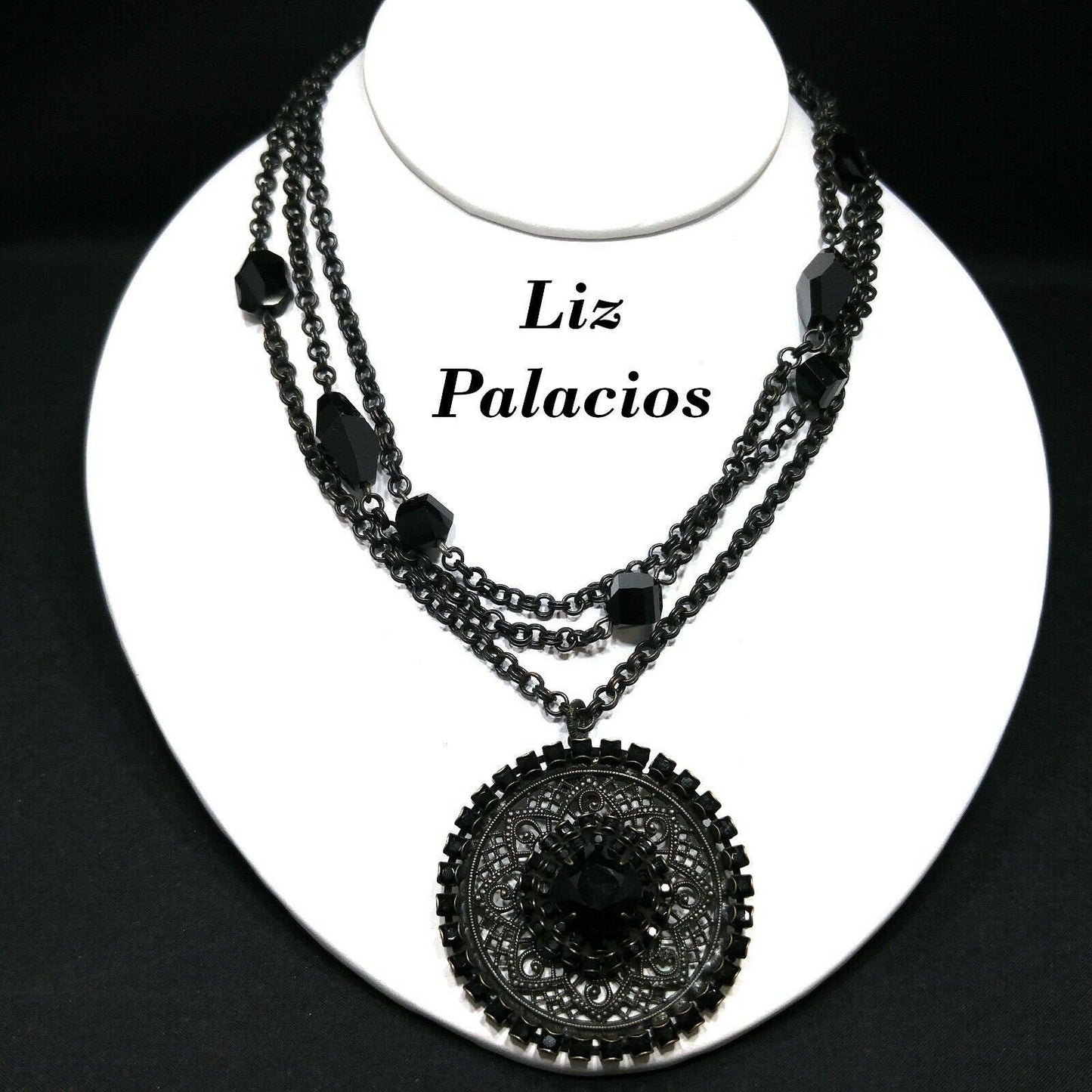 Liz Palacios Black Rhinestone Pendant Necklace, Multi-Strand, Vintage Jewelry