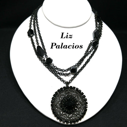 Liz Palacios Black Rhinestone Pendant Necklace, Multi-Strand, Vintage Jewelry