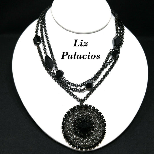 Liz Palacios Black Rhinestone Pendant Necklace, Multi-Strand, Vintage Jewelry
