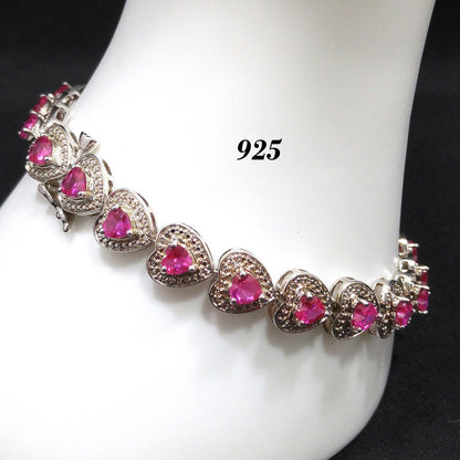 Vintage 925 Silver Ruby Heart Tennis Bracelet Pink Gemstone 7.25” Valentine Gift