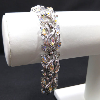 Crown Trifari Wedding Rhinestone Bracelet, Rhodium Plated, Aurora Borealis, 1960s Vintage Jewelry