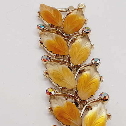 Vintage Kramer Golden Leaf Lucite AB Rhinestone Wide Bracelet