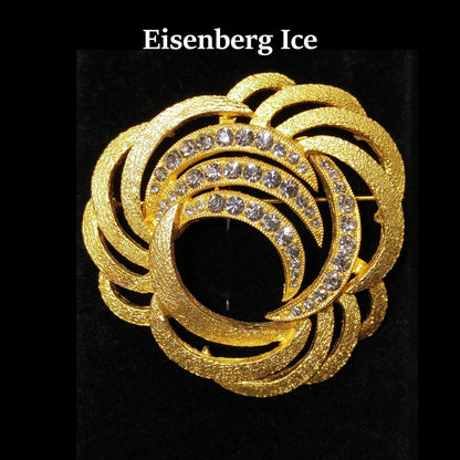 Eisenberg Ice Gold Plated Rhinestone Brooch, 1970s Vintage Jewelry
