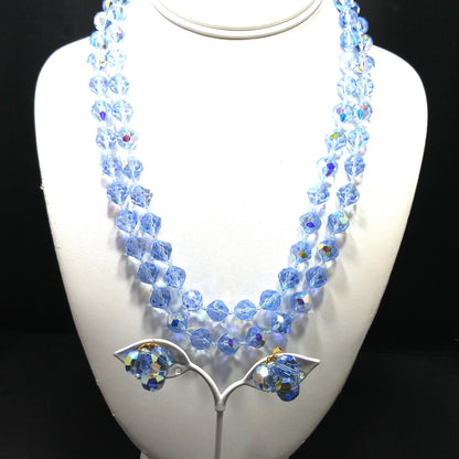 Light Blue Crystal Necklace Clip Earrings Set, Aurora Borealis, 1960s Vintage Jewelry