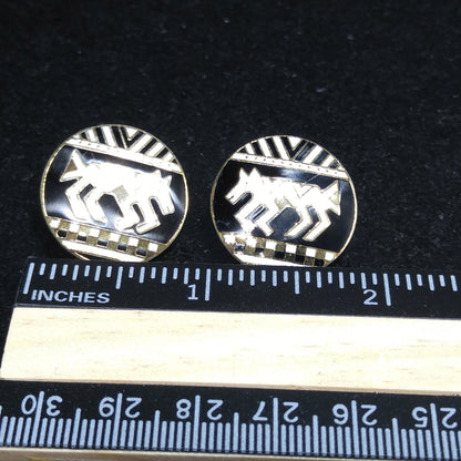 Laurel Burch "Coptic Horse" Earrings, Gold Plated, Black & White Enamel, 1980s