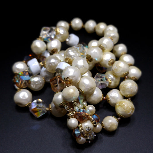 White Faux Pearl Beaded Crystal Aurora Borealis Necklace, Two Strands, Decorative Clasp, 1960s Vintage Jewelry