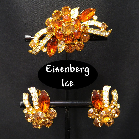 Eisenberg Ice Topaz Orange Brooch & Earrings, Gold Plated, 1960s Vintage Jewelry