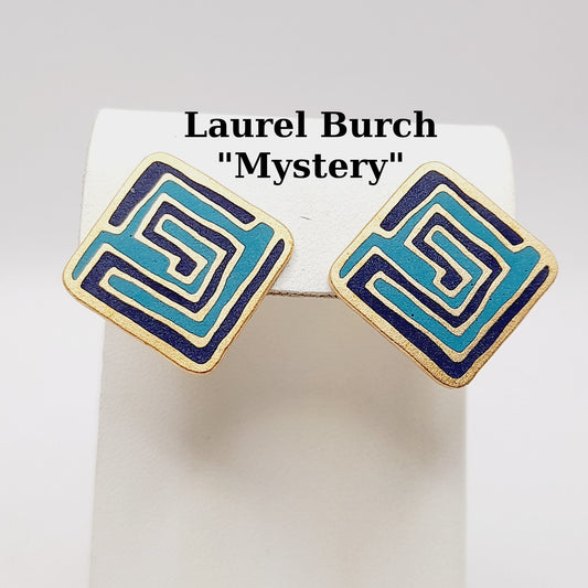 Laurel Burch “Mystery” Earrings – Vintage Enamel Geometric Post Earrings, Signed