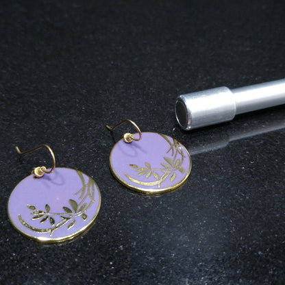 Vintage Laurel Burch Lavender Floral Earrings, Gold Plated Cloisonne