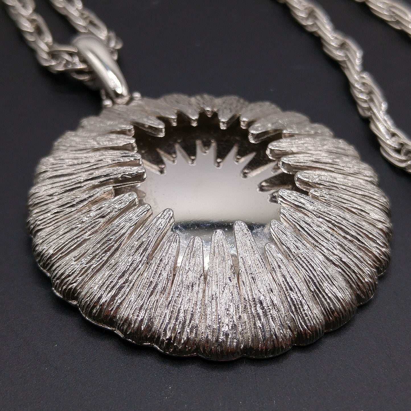 Monet Rhodium Plated Pendant Necklace, Fold Over Clasp, 1960s Vintage Jewelry