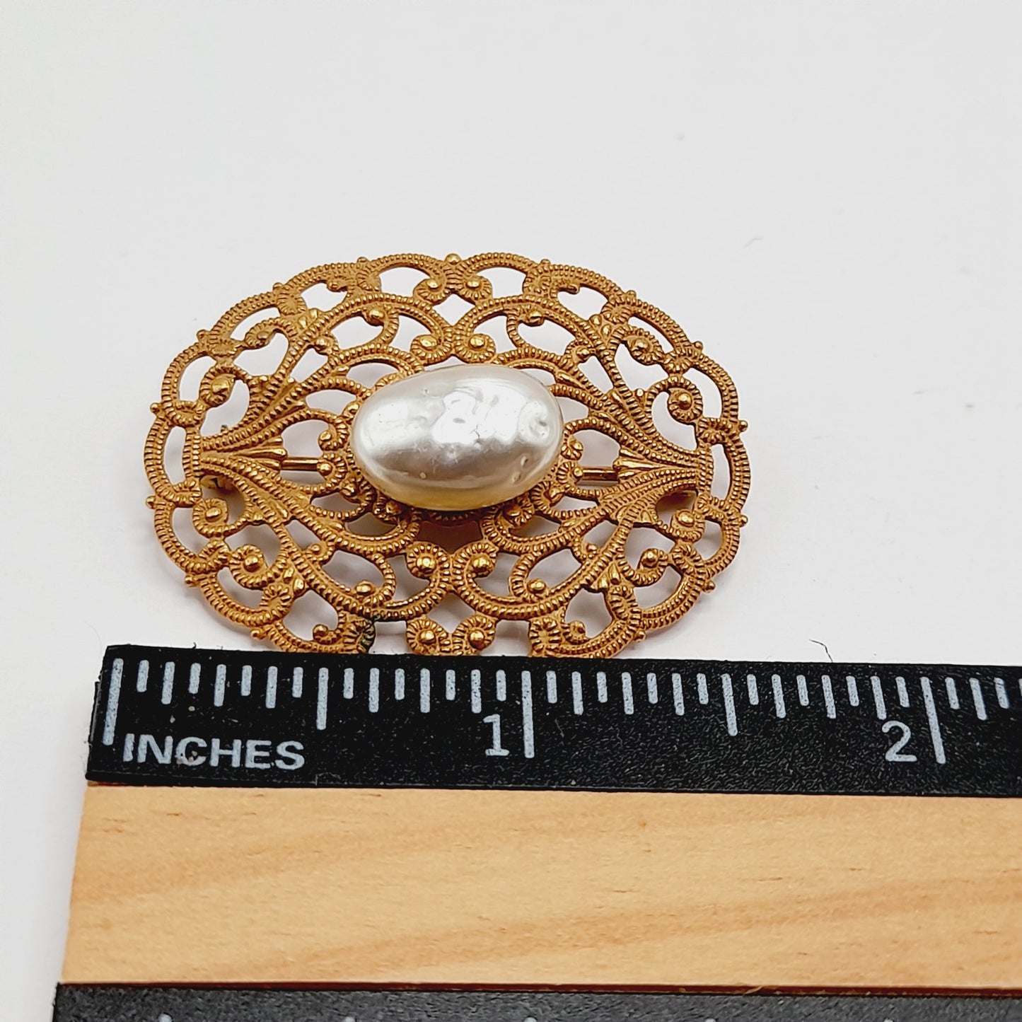 Vintage Miriam Haskell Brooch, Baroque Glass Pearl, Gold Filigree Pin, Designer Signed Jewelry, Mid Century Collectible Gift
