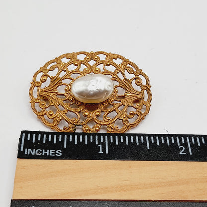 Vintage Miriam Haskell Brooch, Baroque Glass Pearl, Gold Filigree Pin, Designer Signed Jewelry, Mid Century Collectible Gift