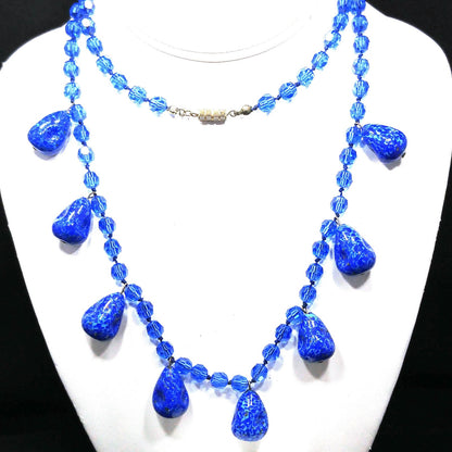 Cobalt Blue Crystal Long Necklace & Earrings, Artisan Jewelry, Faux Lapis Glass, 1940s Vintage Jewelry