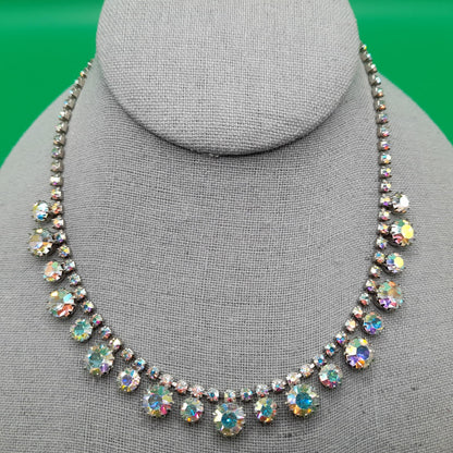 Aurora Borealis Rhinestone Choker Necklace, Rhodium Plated, 1960s Vintage Jewelry