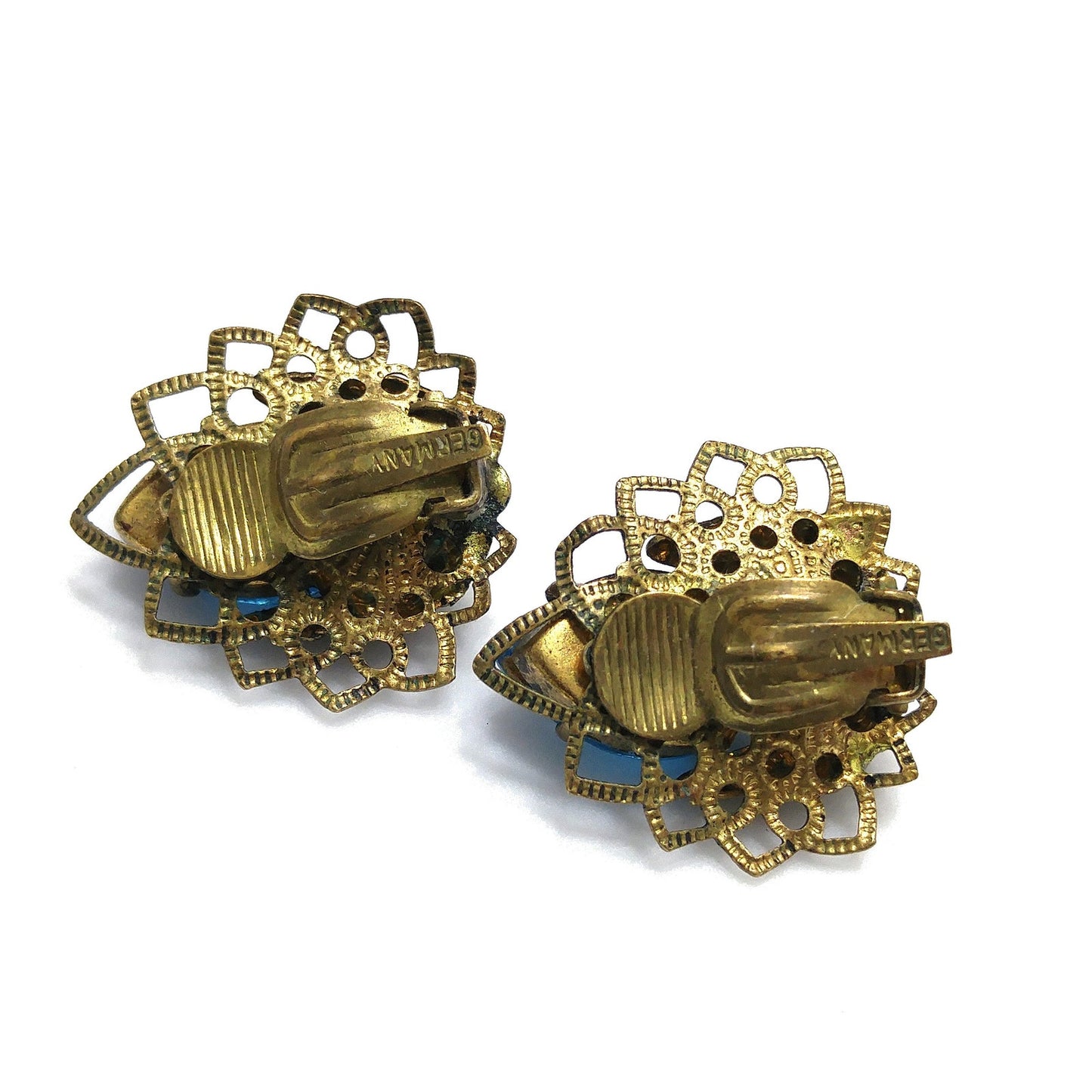 Germany Turquoise Filigree Clip Earrings, Large Rhinestone, 1940s Vintage Jewelry