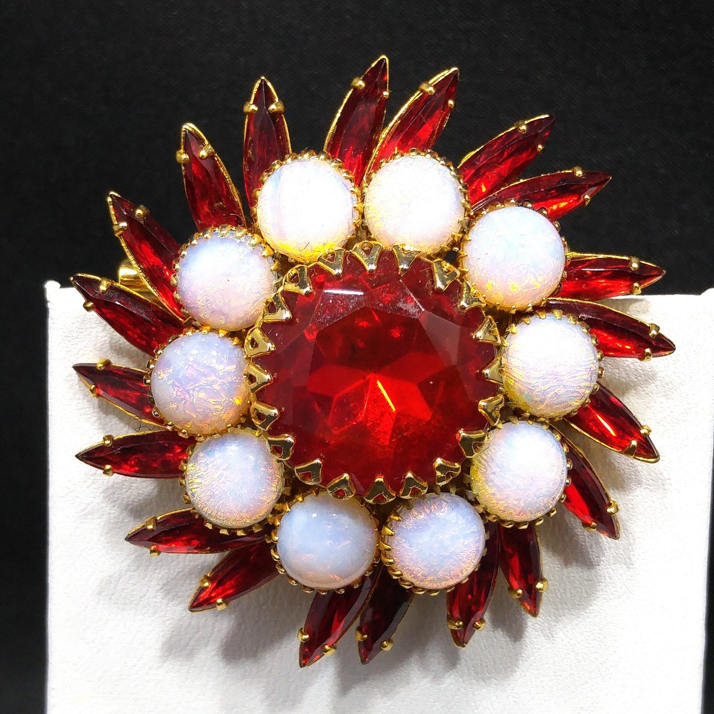 Vintage Judy Lee Faux Fire Opal Red Rhinestone Brooch, Gold Plated, 1960s