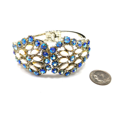 Vintage Blue Aurora Borealis Rhinestone Milk Glass Clamper Bracelet 1960s