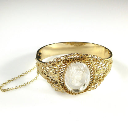 Whiting & Davis Cameo Intaglio Hinged Bracelet, Gold Plated, 1960s Vintage Jewelry