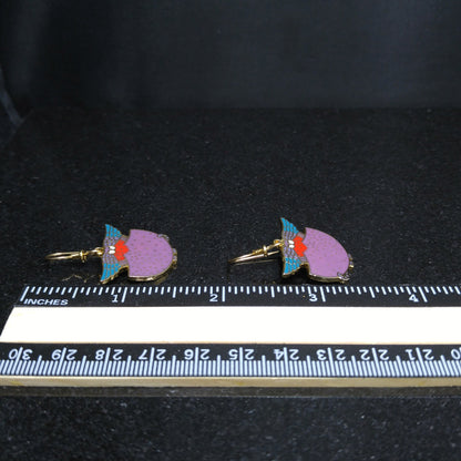 Laurel Burch "Angelicat" Earrings, Gold Plated Cloisonne & Enamel, 1980s