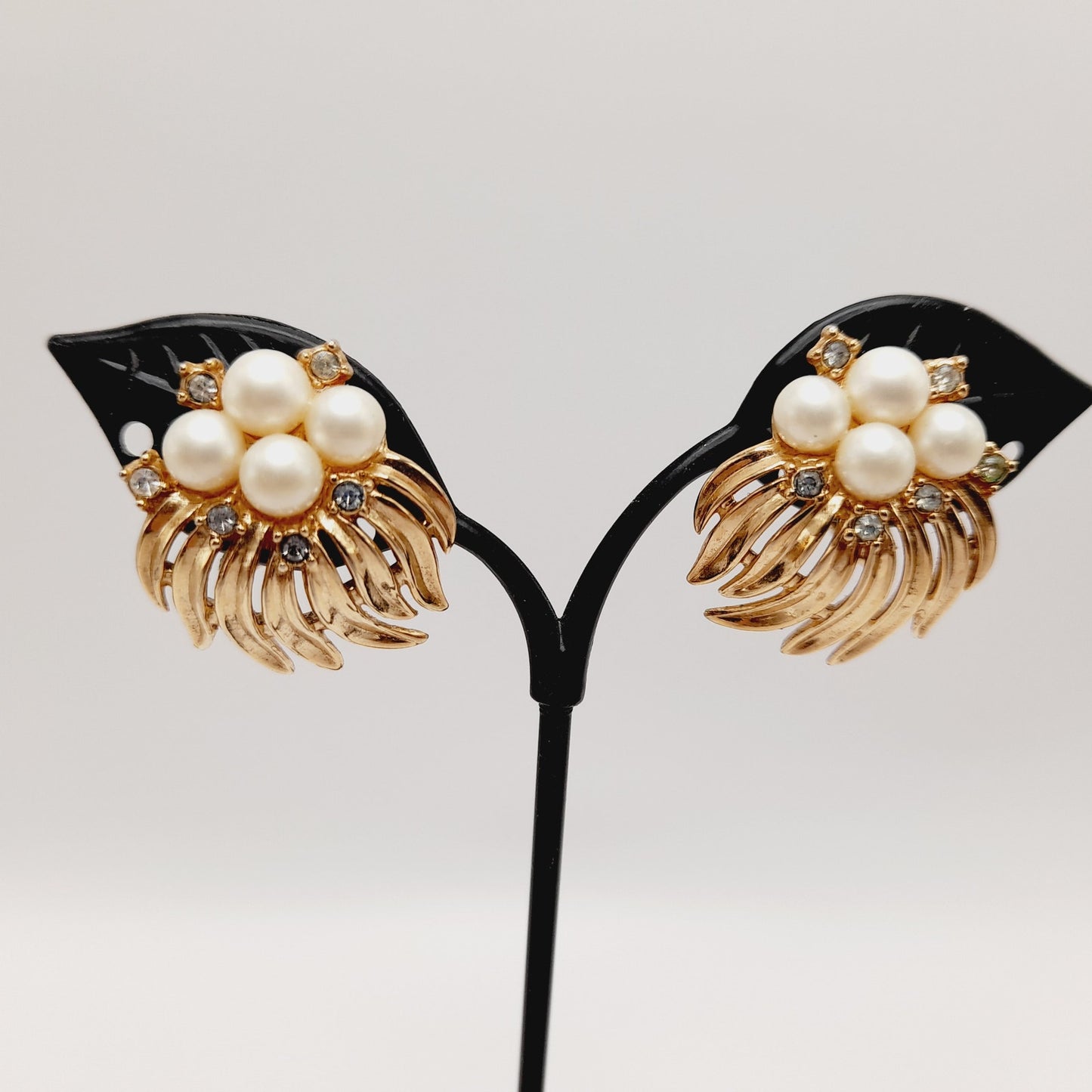 Vintage Crown Trifari Clip Earrings | Faux Pearl & Rhinestone Gold Tone - Mid-Century