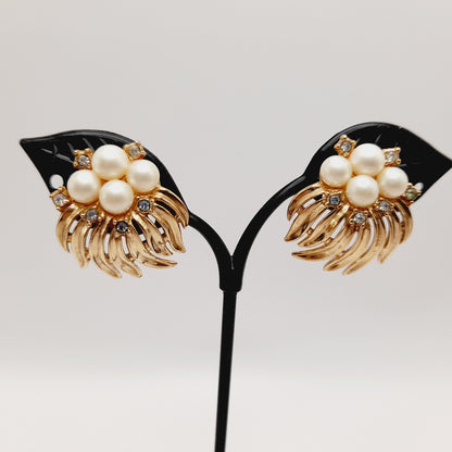 Vintage Crown Trifari Clip Earrings | Faux Pearl & Rhinestone Gold Tone - Mid-Century