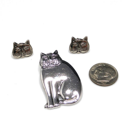 Laurel Burch Cat Brooch & Earrings, Rhodium Plated, 1980s Vintage Jewelry