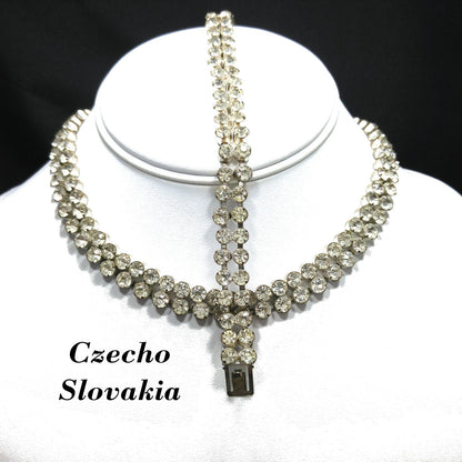 Czecho Slovakia Rhinestone Necklace & Bracelet, Clear Rhinestones, 1930s Vintage Jewelry