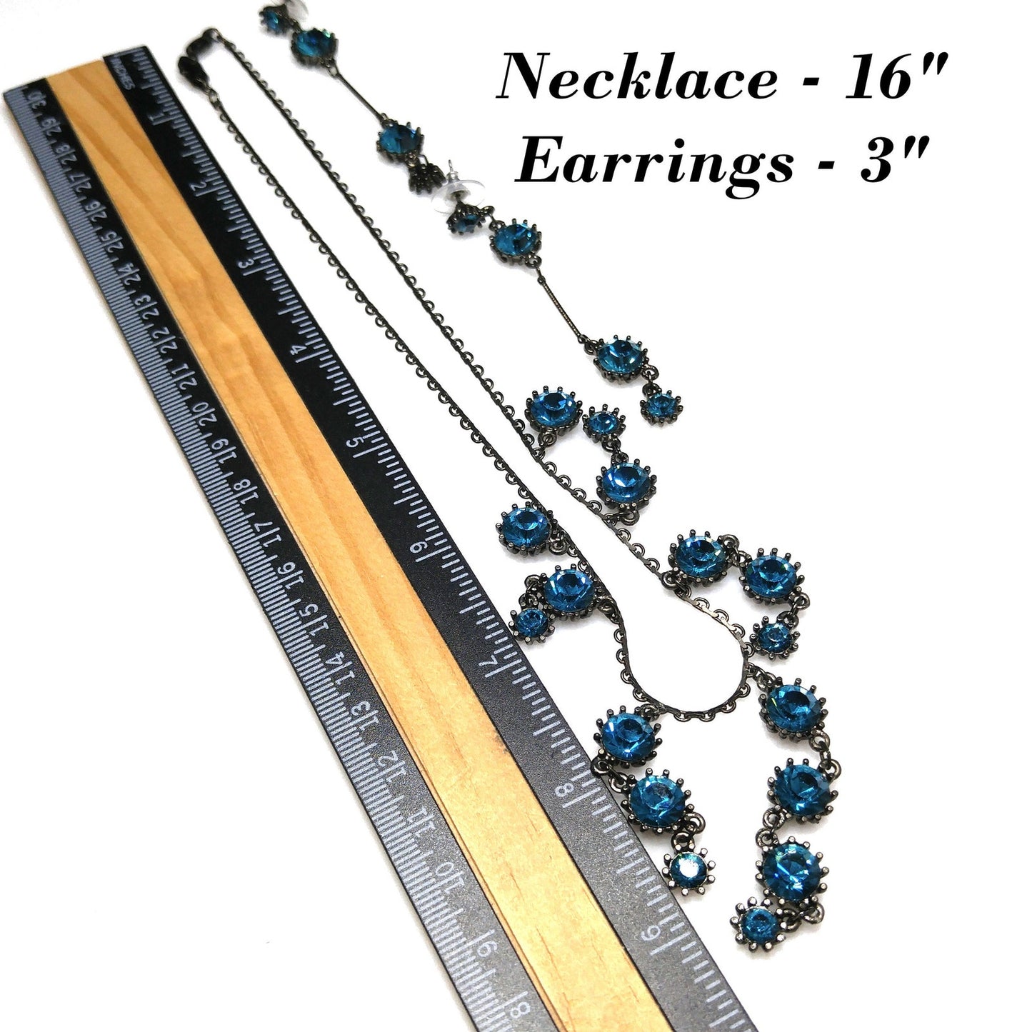 Austrian Crystal Turquoise Necklace Earrings Set, Long Post Earrings, Vintage Jewelry