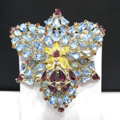 Mid Century Large Rhinestone Orchid Brooch, Light Blue Purple Rhinestones, 1960s Vintage Jewelry